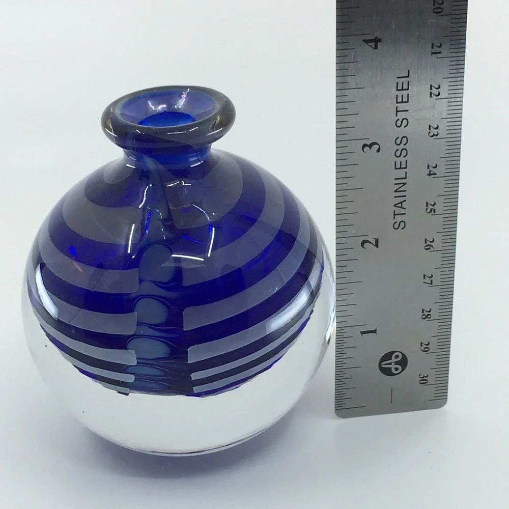 Vintage Cobalt Blue Swirl Glass Vase Paperweight Collectible Art Glass Round